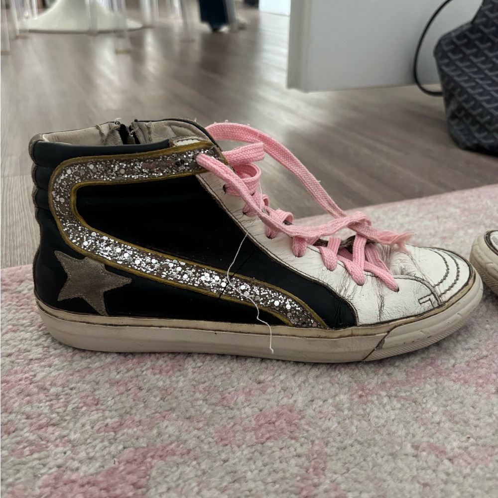 Golden Goose White and Black Sneakers with Pink Laces